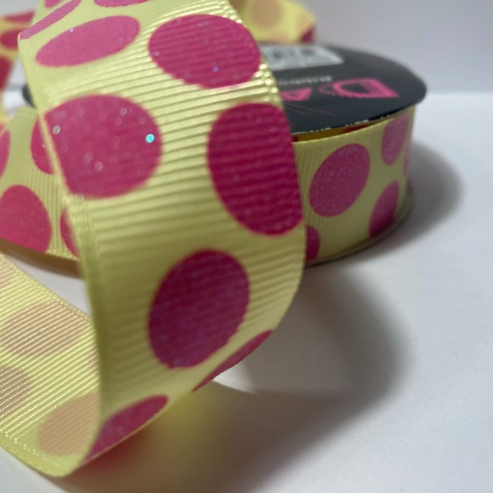 Pink Yellow Ribbed Ribbon Glitter Dots - Picture 6 of 14
